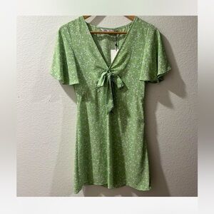 Zara Green Floral Midi Dress with Tie-Front